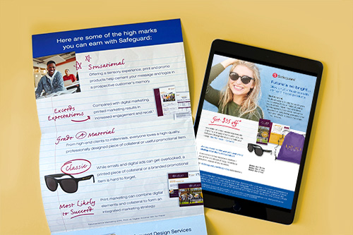 Front cover of a direct mail piece featuring a smiling young woman wearing sunglasses.